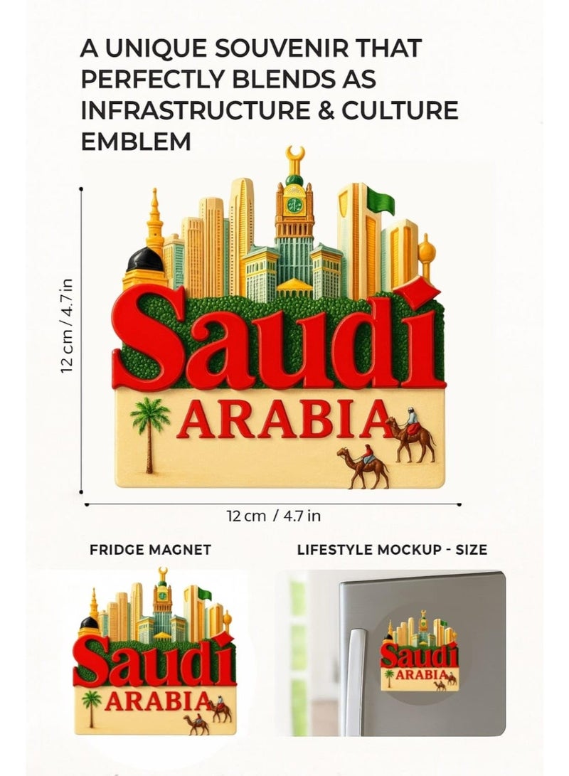 هدايا تذكارية عربية مغناطيس ثلاجة سيراميك المملكة العربية السعودية – تصميم مجسم لأفق مكة المكرمة وبرج الساعة، مع الجمل والنخلة، هدية تذكارية فاخرة من السعودية للديكور والسفر - Image 4